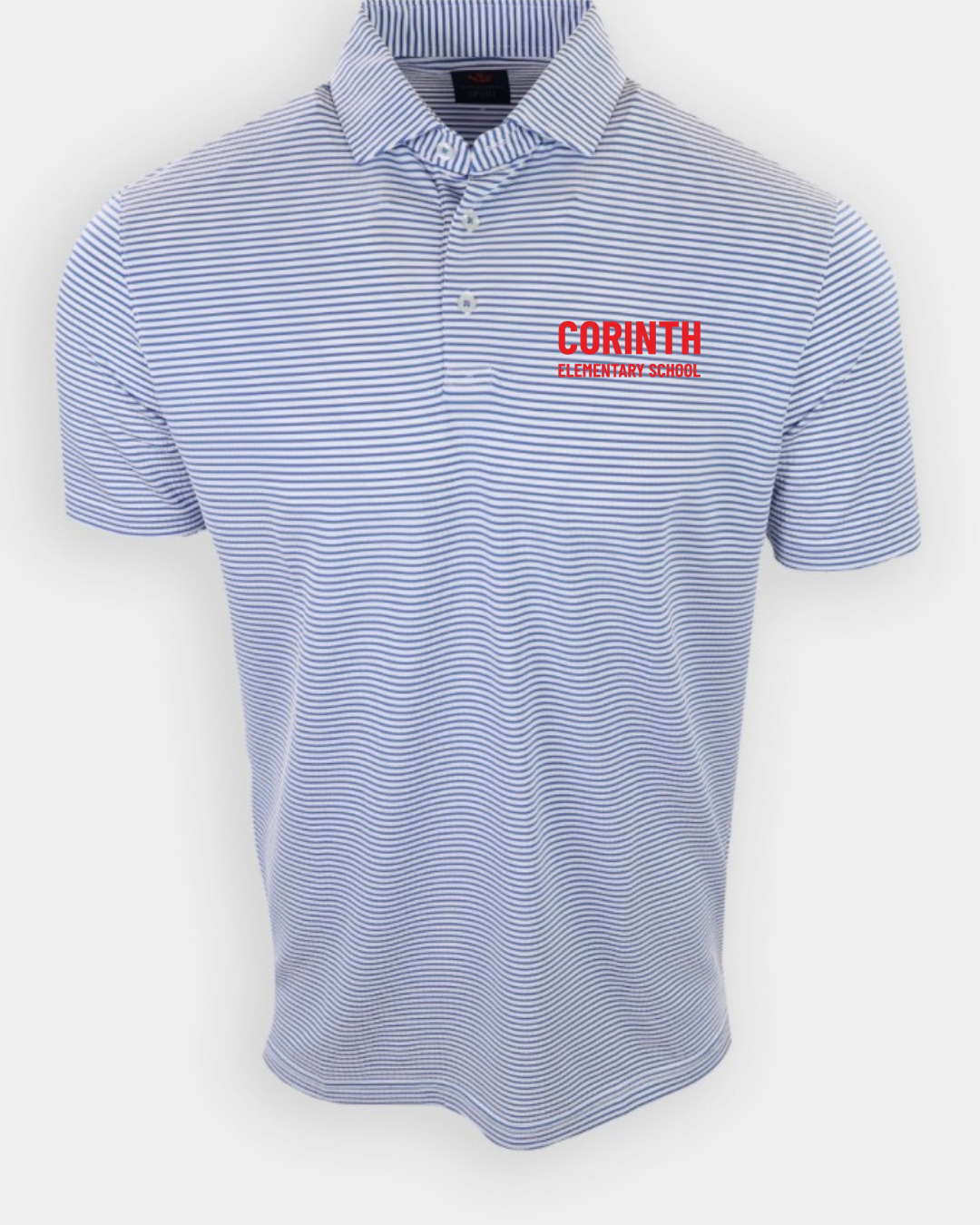 Men’s Donald Ross Heron/White Stripe Golf polo with Corinth Logo