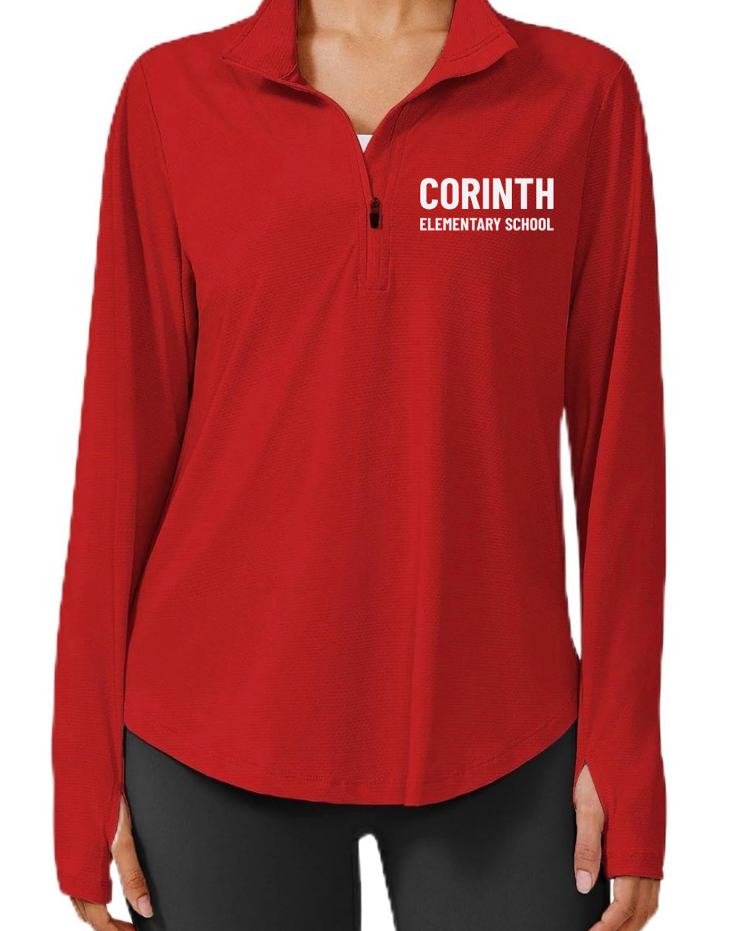 Women’s long sleeve quick dry athletic quarterzip with Corinth logo